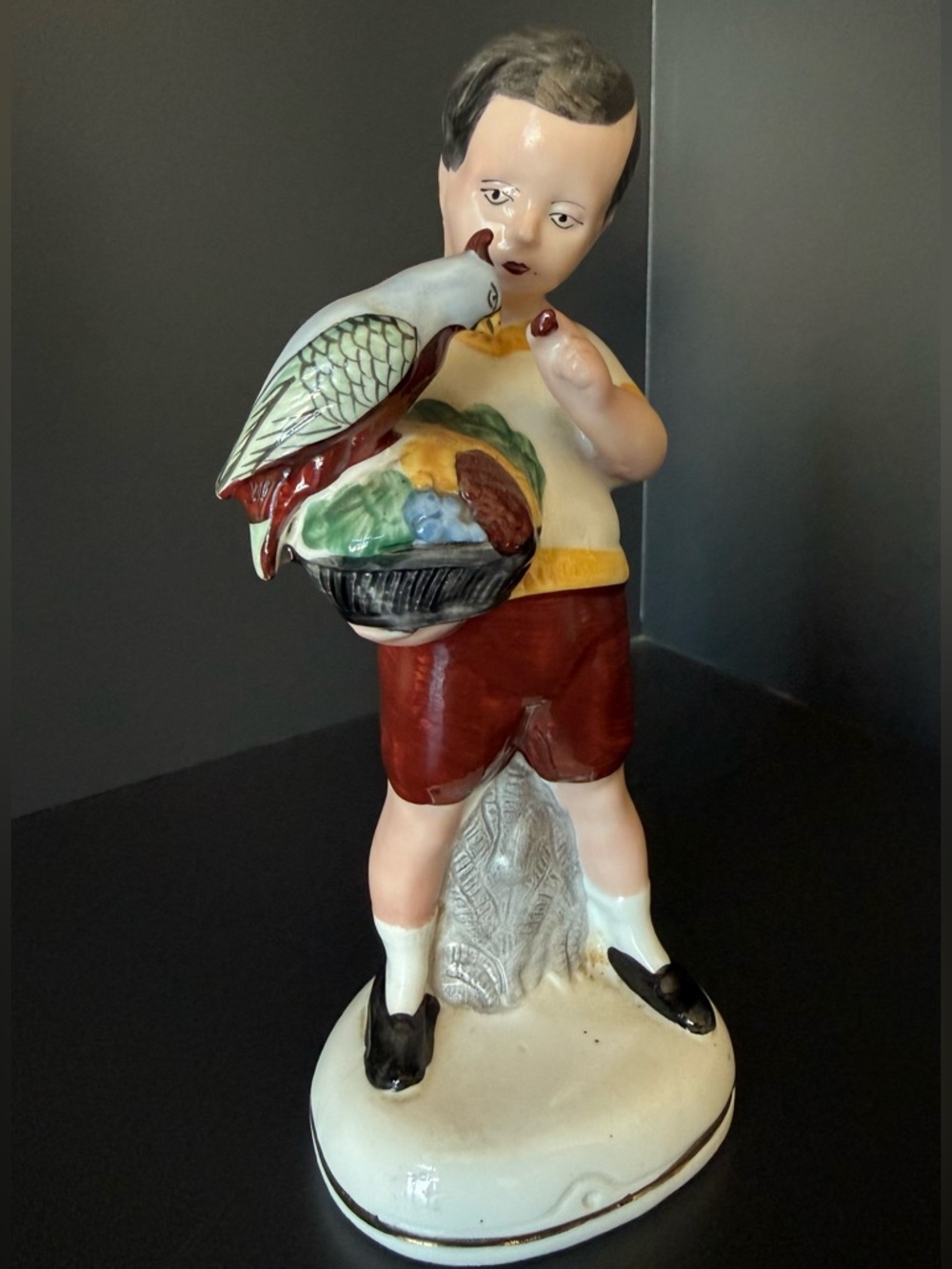 Antique German Porcelain Boy w Bird Parrot Figurine 6.5” - Picture 7 of 7